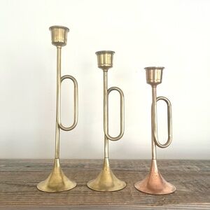 Set of Brass and Copper Trumpet Candle Holders